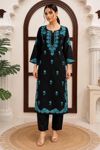 Black roman silk thread work kurta pant set