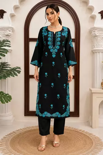 Black roman silk thread work kurta pant set