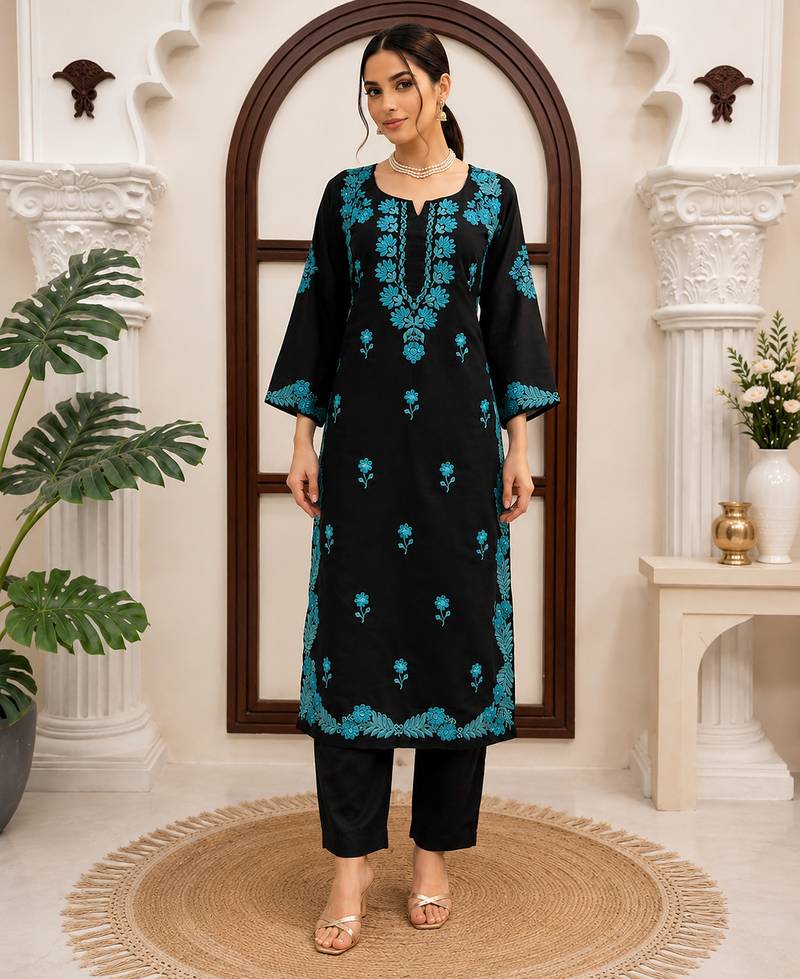 Black roman silk thread work kurta pant set