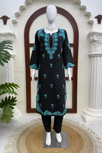 Black roman silk thread work kurta pant set