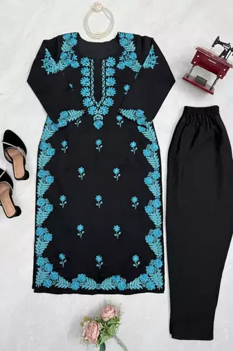 Black roman silk thread work kurta pant set