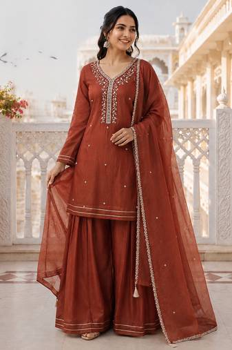 Browan crunchy silk embroidery sequence work palazzo set