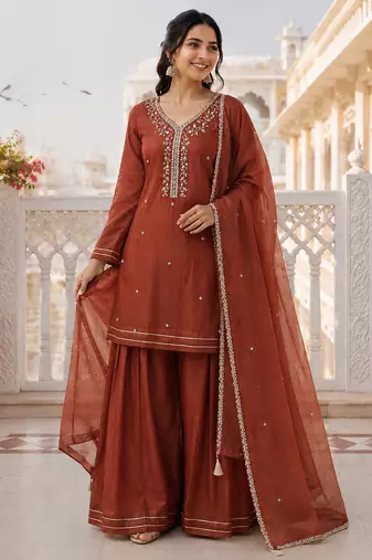 Browan crunchy silk embroidery sequence work palazzo set