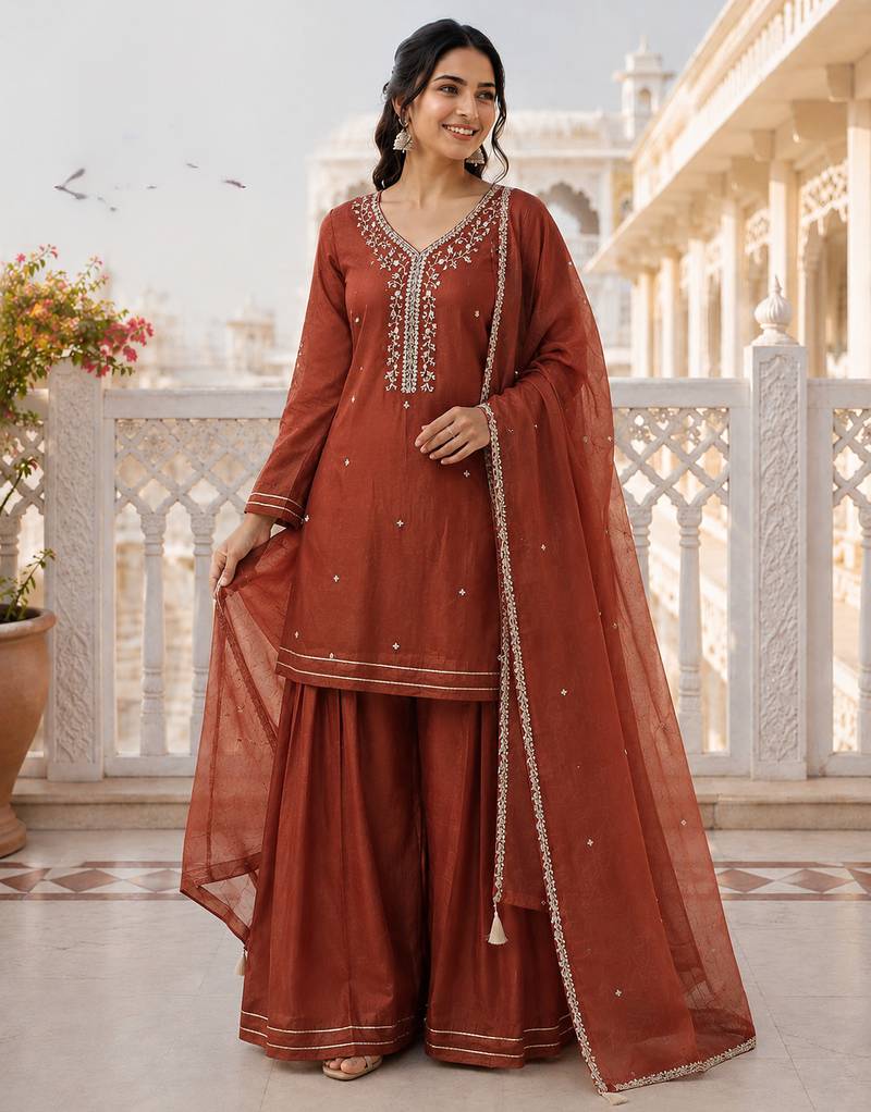 Browan crunchy silk embroidery sequence work palazzo set