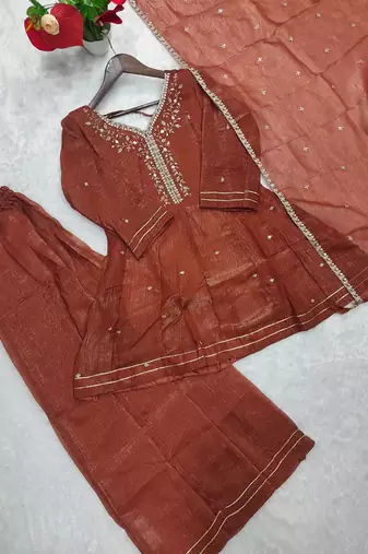 Browan crunchy silk embroidery sequence work palazzo set