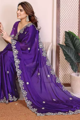 Women’s Purple Embroidered Saree