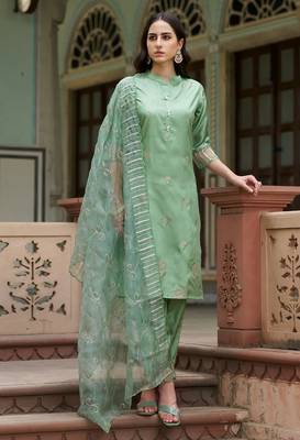 Floral embroidered silk blend round neck kurta trouser and dupatta set 1