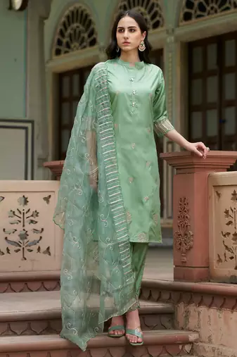 Floral embroidered silk round neck kurta trouser and dupatta set