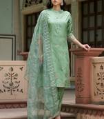 Floral embroidered silk round neck kurta trouser and dupatta set