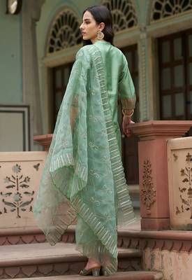 Floral embroidered silk blend round neck kurta trouser and dupatta set 2