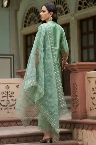 Floral embroidered silk blend round neck kurta trouser and dupatta set