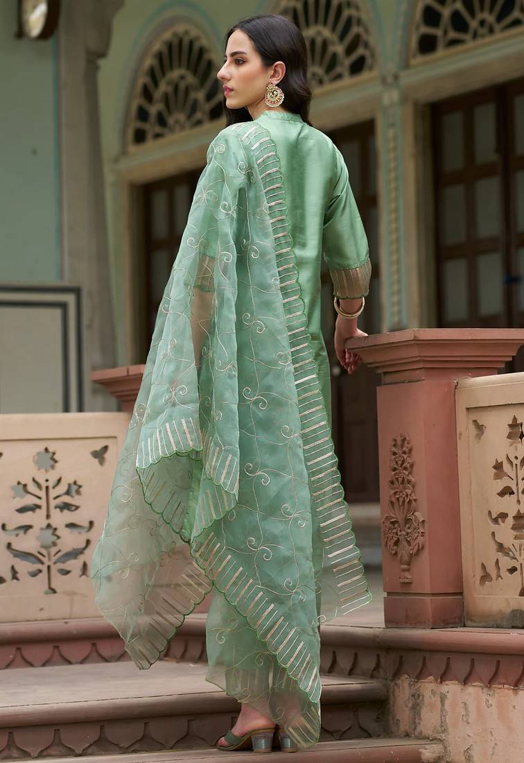 Floral embroidered silk round neck kurta trouser and dupatta set