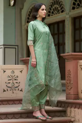 Floral embroidered silk blend round neck kurta trouser and dupatta set