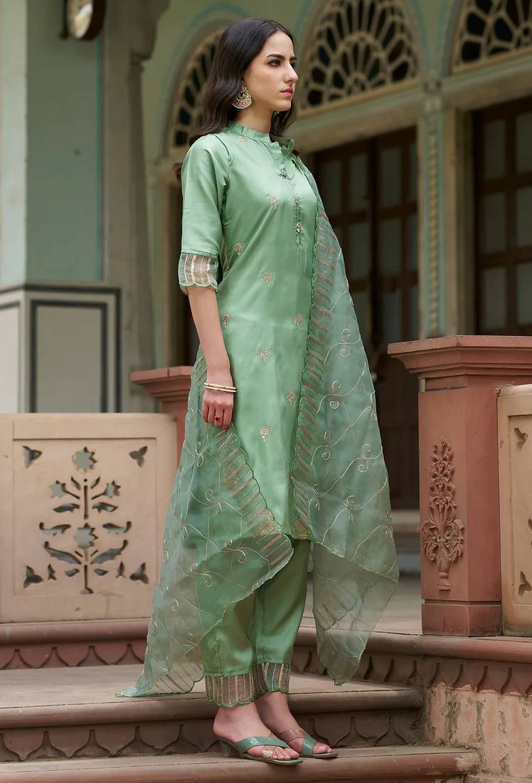 Floral embroidered silk round neck kurta trouser and dupatta set