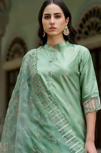 Floral embroidered silk blend round neck kurta trouser and dupatta set