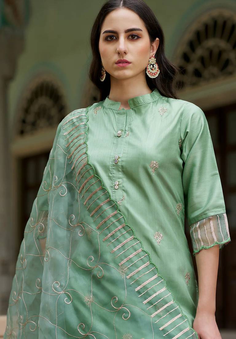Floral embroidered silk round neck kurta trouser and dupatta set