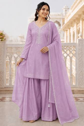 Lavender crunchy silk embroidery sequence work palazzo set