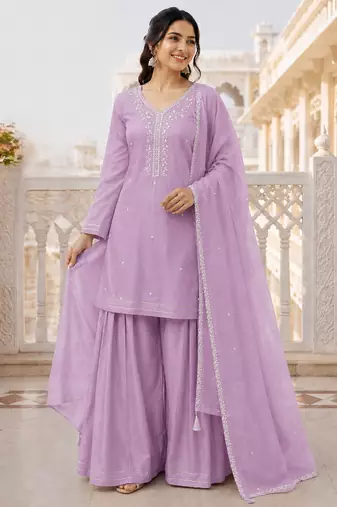 Lavender crunchy silk embroidery sequin work palazzo set