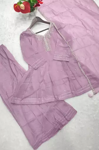Lavender crunchy silk embroidery sequin work palazzo set