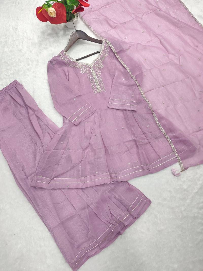 Lavender crunchy silk embroidery sequence work palazzo set