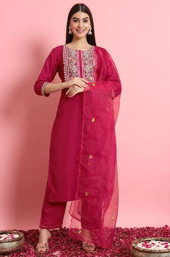 Floral embroidered silk round neck kurta trouser and dupatta set
