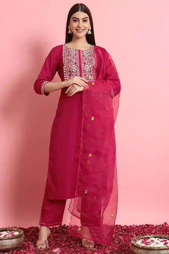 Floral embroidered silk round neck kurta trouser and dupatta set