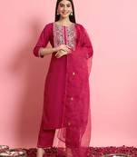 Floral embroidered silk blend round neck kurta trouser and dupatta set
