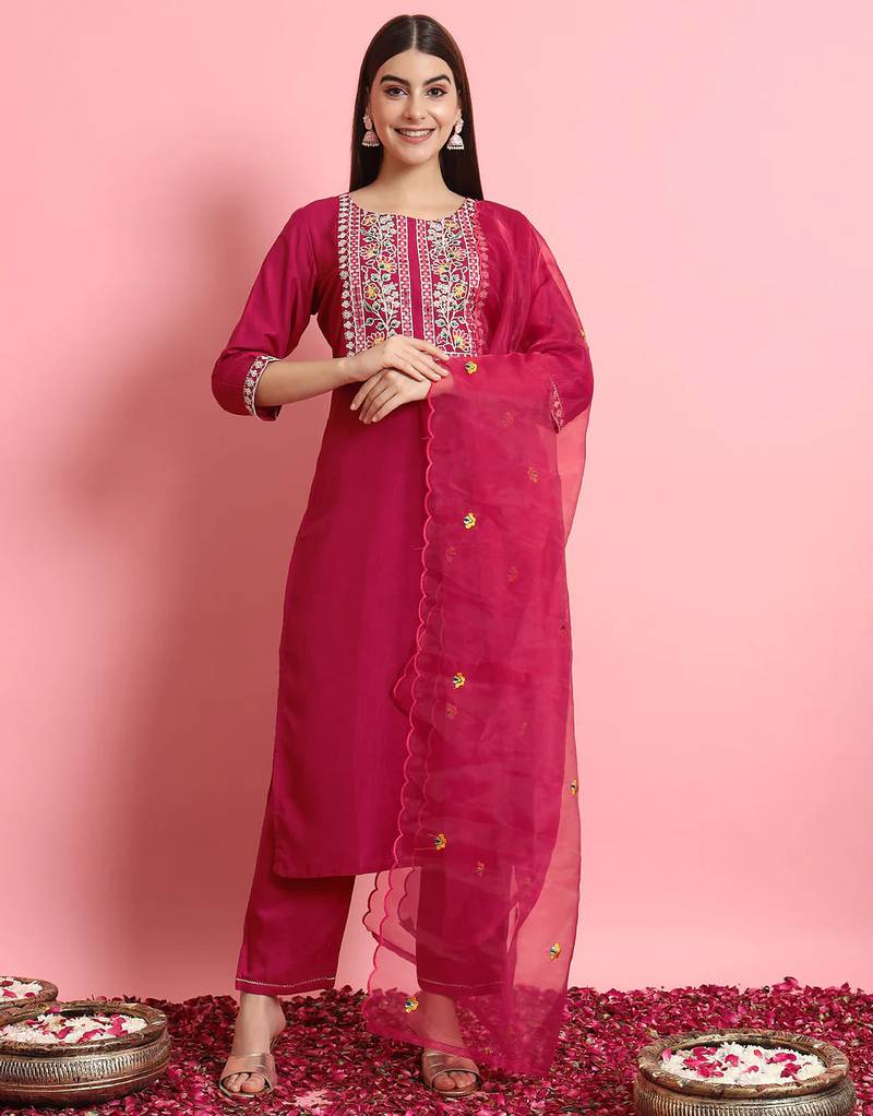 Floral embroidered silk round neck kurta trouser and dupatta set