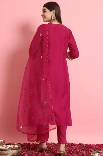 Floral embroidered silk blend round neck kurta trouser and dupatta set