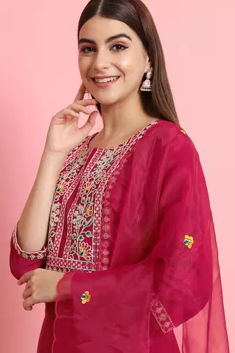 Floral embroidered silk blend round neck kurta trouser and dupatta set