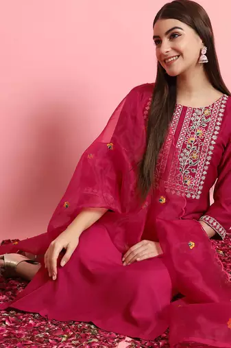 Floral embroidered silk blend round neck kurta trouser and dupatta set