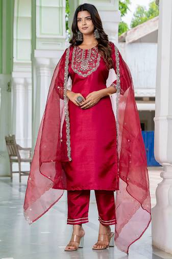 Floral embroidered silk round neck kurta trouser and dupatta set