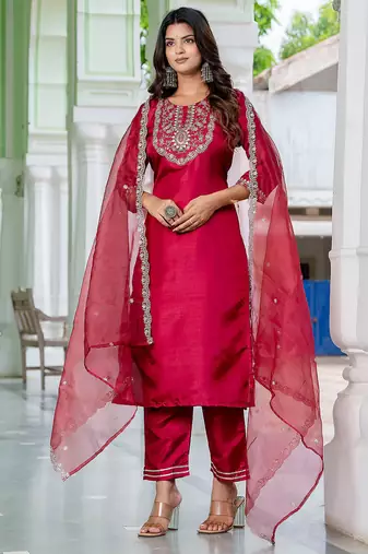 Floral embroidered silk round neck kurta trouser and dupatta set