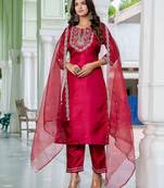 Floral embroidered silk round neck kurta trouser and dupatta set