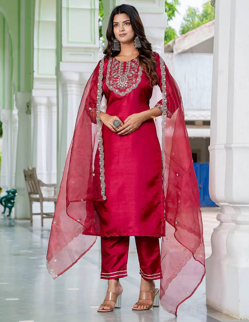 Floral embroidered silk round neck kurta trouser and dupatta set