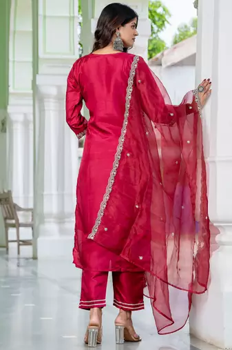 Floral embroidered silk blend round neck kurta trouser and dupatta set