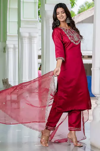 Floral embroidered silk blend round neck kurta trouser and dupatta set