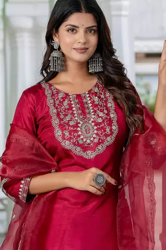 Floral embroidered silk blend round neck kurta trouser and dupatta set