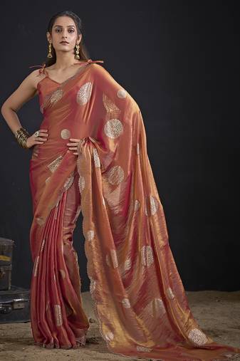 Orange polka butti work tissue silk saree with matching blouse piece