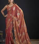 Orange polka butti work tissue silk saree with matching blouse piece