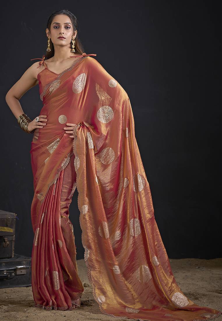 Orange polka butti work tissue silk saree with matching blouse piece