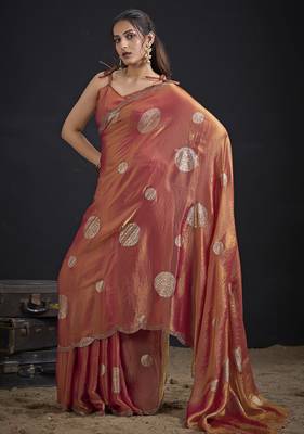 Orange polka butti work tissue silk saree with matching blouse piece 2