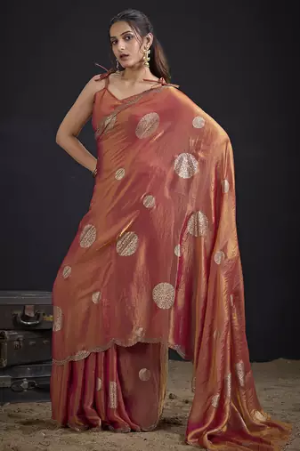 Orange polka butti work tissue silk saree with matching blouse piece