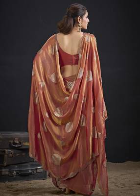 Orange polka butti work tissue silk saree with matching blouse piece 3
