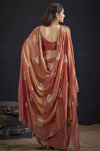 Orange polka butti work tissue silk saree with matching blouse piece
