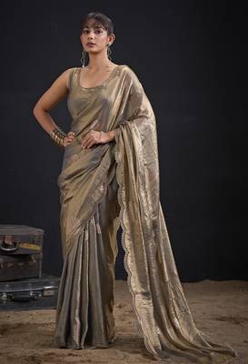 Golden polka butti work tissue silk saree with matching blouse piece 1