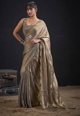 Golden polka butti work tissue silk saree with matching blouse piece 2