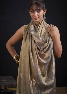 Golden polka butti work tissue silk saree with matching blouse piece 4