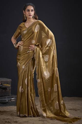 Mustard polka butti work tissue silk saree with matching blouse piece