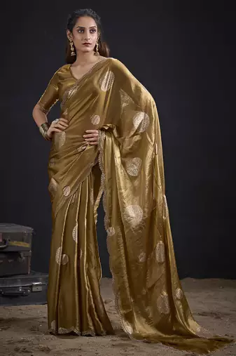 Mustard polka butti work tissue silk saree with matching blouse piece